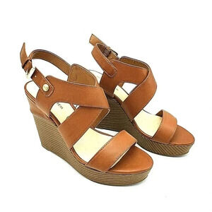 Marc Fisher Leather Platform Wedge Sandals Size 9 1/2 Color Cognac